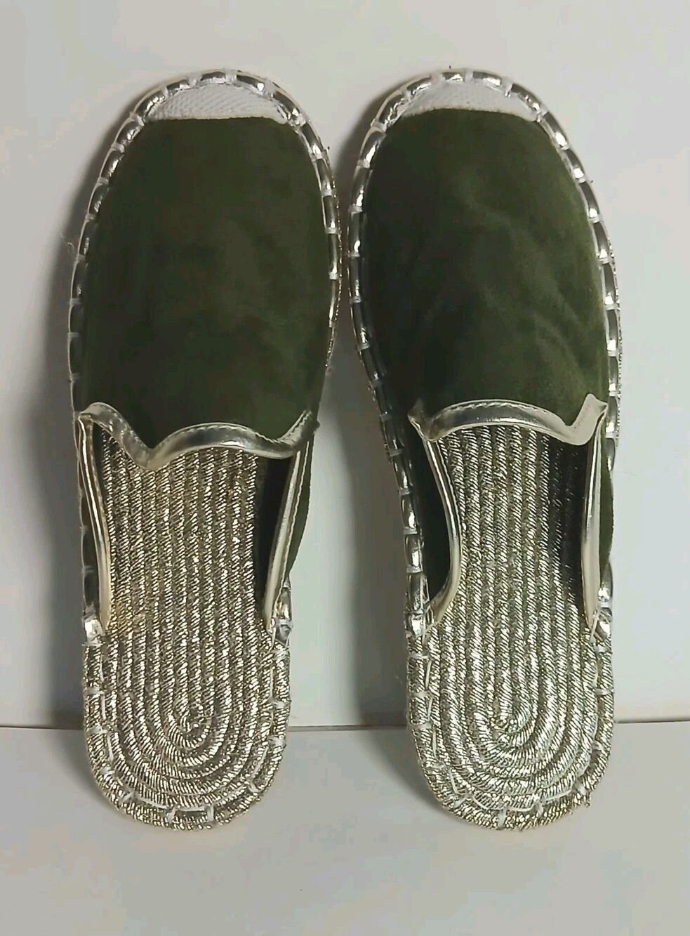 Olive Suede Espadrille Mules Gold Trim Slip On Slides Size 8 Boutique Boho Luxe